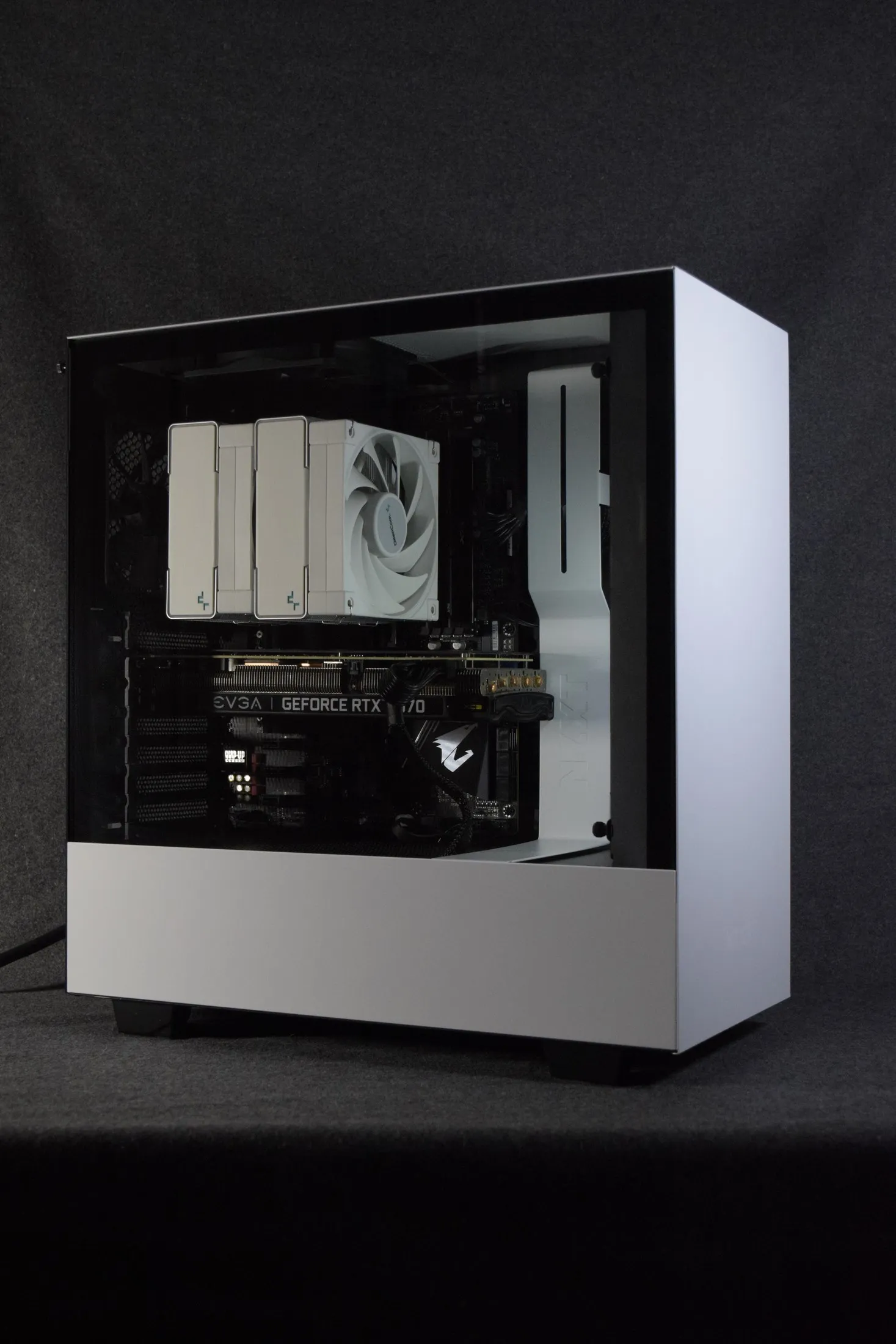 White NZXT build with an EVGA RTX 3070, mid-assembly