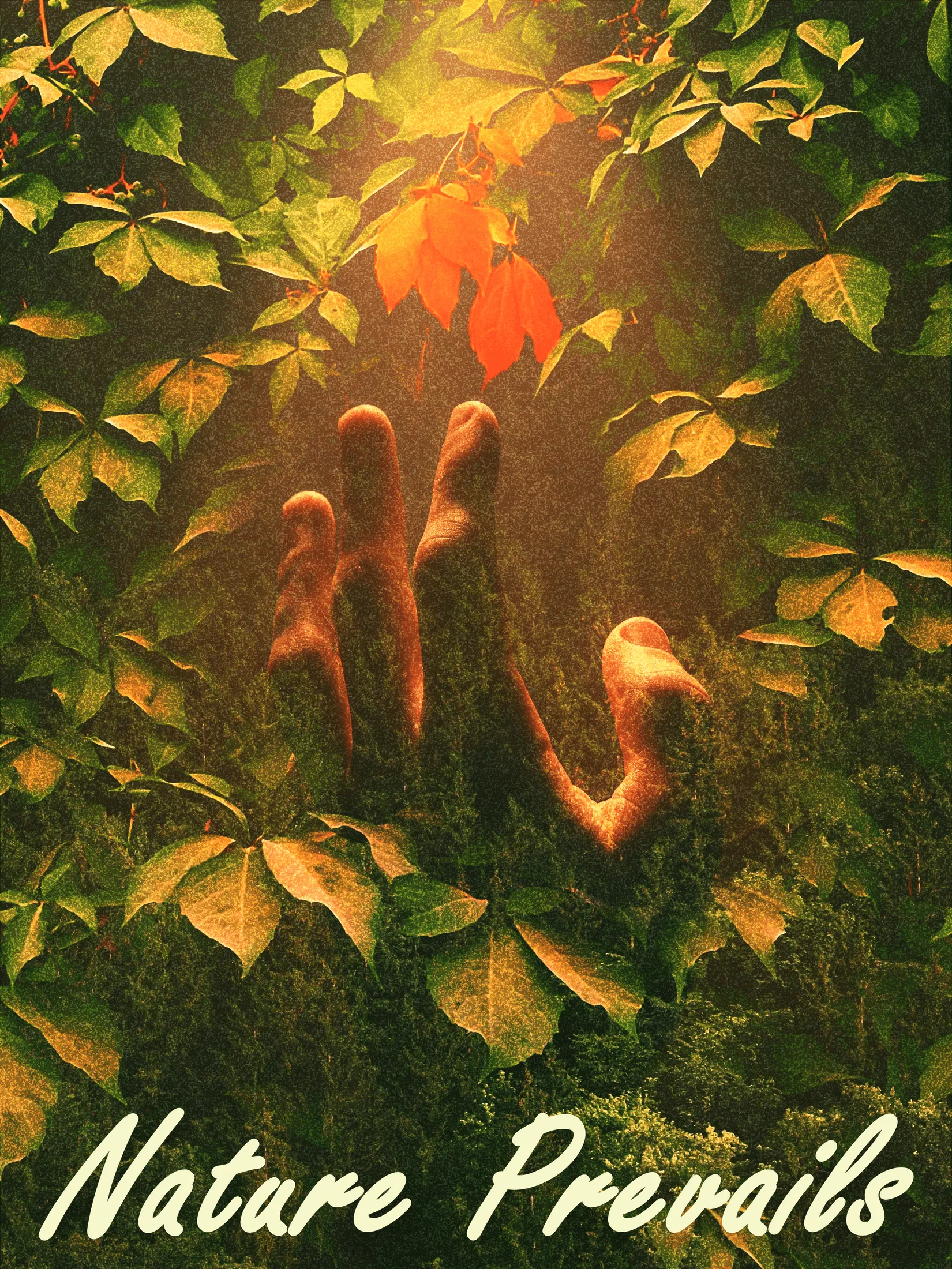 Poster 21, “Nature Prevails” — a hand overgrown in foliage